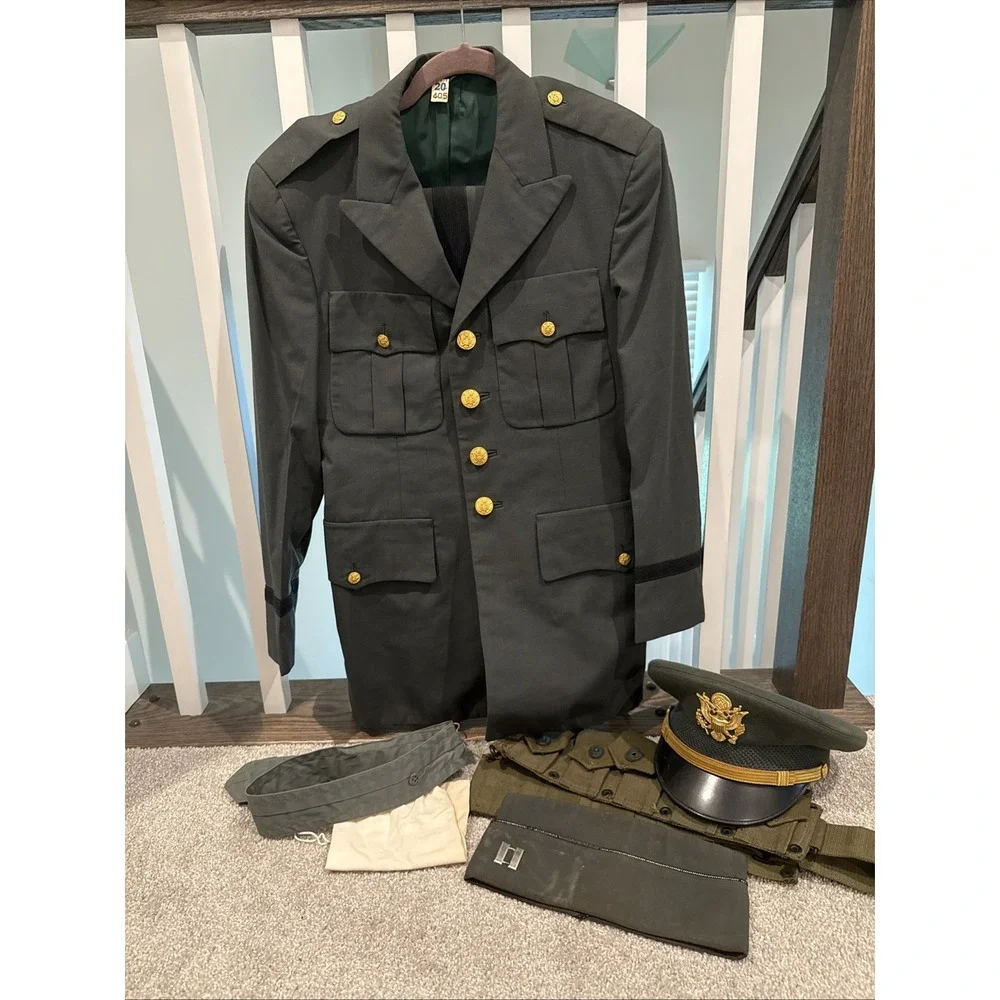 Vintage 1970s Vietnam Era US Army Green Dress Uniform M‎ Jacket 30R Pants 7 Hat